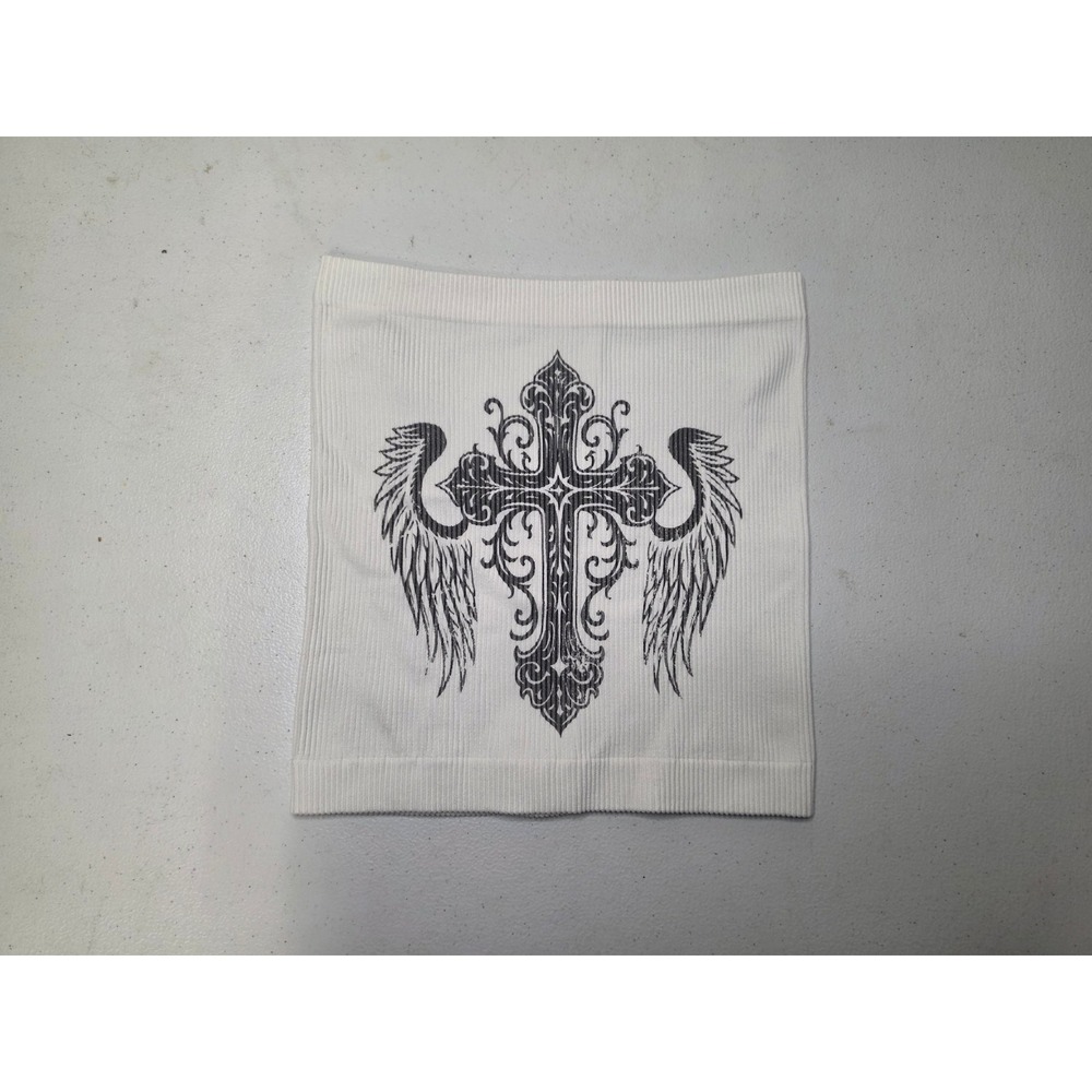 White Ribbed Gothic Winged Cross Graphic Tube Top Small